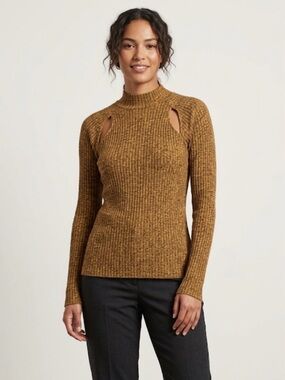 DKNY Art Basel Cut Out Pullover Polyester Knit Top, Women’s L, Gold Brown